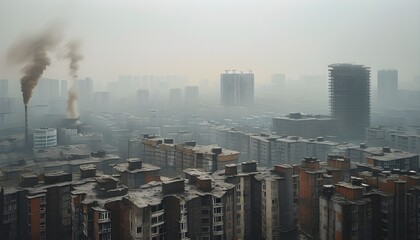 Smog-filled cityscape under unhealthy air pollution, showcasing buildings shrouded in PM 2.5 dust, highlighting the impact of environmental degradation