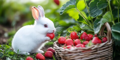 A cute white rabbit enjoying fresh strawberries in a lush garden. The soft fur contrasts beautifully with the vibrant red fruit. Perfect for nature and animal lovers. AI