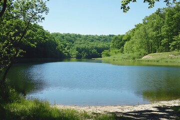 Sticker - Tranquil lake surrounded by lush greenery and blue sky in the background