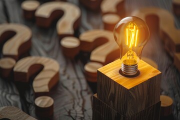 Wall Mural - a glowing light bulb sits on a wooden base surrounded by question marks, symbolizing the power of id