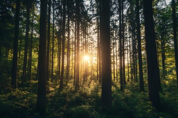 Canvas Print - Sunlight shining through the trees in a forest during sunset