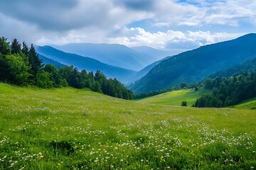 Canvas Print - Green mountain meadow landscape with blue skies and fluffy clouds