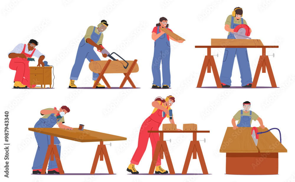 Tools Involved Diverse Craftsmen Involved In Woodwork And Carpentry. Characters Using ...