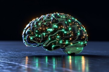 Poster - Futuristic human brain, glowing with digital circuits and connections, representing advanced technology and AI