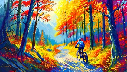 Vibrant autumn trail for mountain biking through a colorful forest landscape