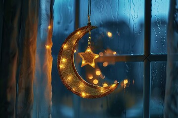 Canvas Print - Crescent Moon and Star Decoration Hanging on Window