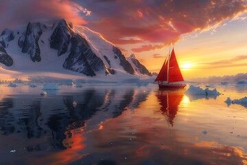 Detailed view of a red sailing boat near majestic icy mountains, captured at sunset with beautiful reflections on the water