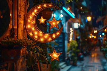 Poster - Illuminated Crescent Moon and Stars Decor