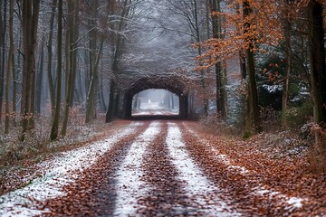 Wall Mural - Snowy Forest Path Leading Through a Stone Archway