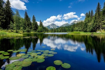 Canvas Print - Tranquil mountain lake with lily pads and reflections of clouds and trees on the water