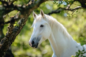 White horse portrait in a forest with green leaves in the background.