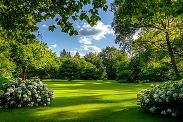 Scenic summer landscape of a lush green meadow with white flowers and trees on a bright sunny day