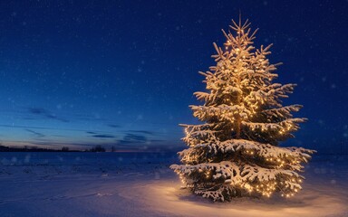 A snowy Christmas tree with twinkling lights against a dark blue sky.