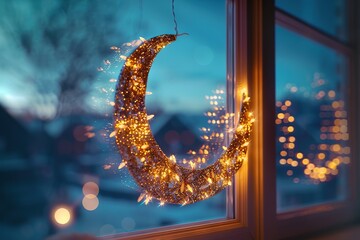 Canvas Print - Golden Crescent Moon Decorated with Lights