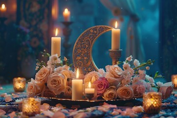 Poster - Romantic Candlelit Scene with Flowers and a Crescent Moon