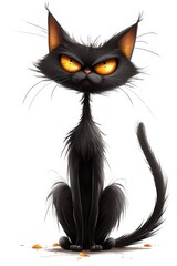  A cute illustration of a black cat with a long neck and large, glowing eyes. This cartoonish cat has a delicate, funny appearance, making it perfect for Halloween projects