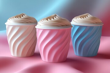 Three intricately designed 3D origami coffee cups in pastel colors displayed on a soft gradient background showcasing minimalist paper art style