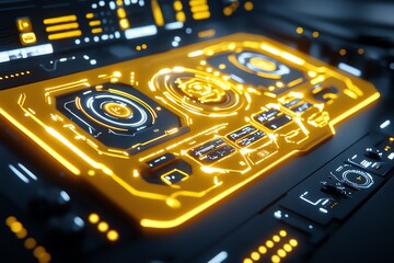 Futuristic mustard yellow interface, with glowing digital elements and sleek design