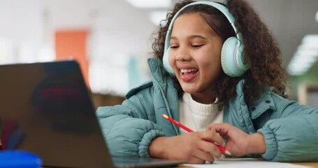 Poster - Girl, school and happy with laptop for video call at library for online tutoring, virtual class and education. Kid, elearning and smile with headphones for distance learning and child development