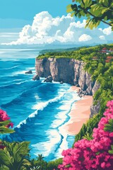 aerial view of Uluwatu cliff landscape, sea, long wave, pink bougainvillier, minimalist 50's style illustration, travel poster 