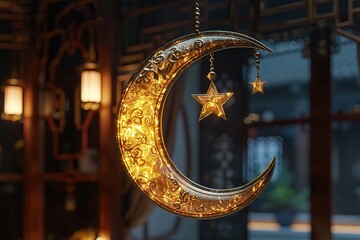 Poster - Golden Crescent Moon and Stars Decoration