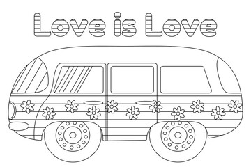 Wall Mural - Black and white illustration of a flower-decorated van with Love is Love text. Great for LGBTQ plus themed coloring books.