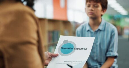 Aufkleber - Education, child and teacher with questions, library and help for boy with learning disability in math. School, tutor and kid with answer for academic performance of youth, growth and development