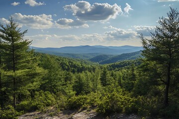 Wall Mural - Panoramic view of lush green mountains under blue sky with white clouds