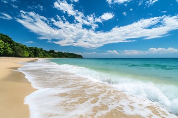 Poster - Tranquil beach with white sand, blue ocean, and puffy clouds in a bright sky, tropical vacation paradise