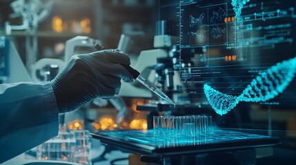 Poster - Scientist Using a Pipette to Fill Test Tubes in a Lab with a DNA Model Displayed on a Digital Screen