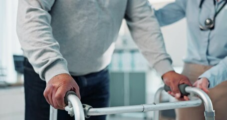 Sticker - Patient, doctor and hands with walker for elderly care, physiotherapy or slow recovery in rehabilitation at hospital. Closeup, physiotherapist and senior with stroller for walking aid at clinic