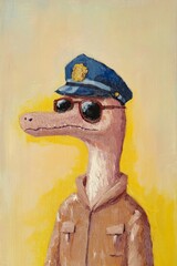 Poster - A simple painting of a serious dinosaur with policeman suit , policeman cap and sunglasses, in oil paint, minimalistic, cute and funny