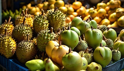 Exotic fruits including fresh durian and pears displayed in a lively Asian market, highlighting vibrant colors and textures in a bustling atmosphere