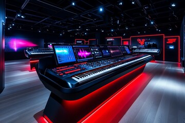 Poster - Futuristic sound laboratory, where visitors experiment with electronic music creation using advanced technology in a sleek music museum