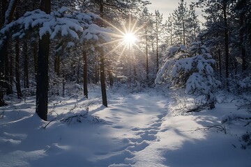 Wall Mural - Snowy forest path with sun shining through trees in winter wonderland