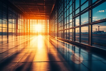 Poster - Sunset through glass windows in a modern building hallway