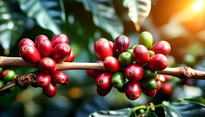 Sticker - Sunlit Red Coffee Beans on Branch Highlighting the Beauty of Coffee Cultivation