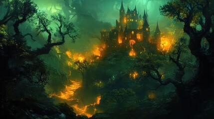 Wall Mural - A dark medieval forest filled with glowing magical creatures, enchanted trees with swirling energy, and an ancient castle hidden among the misty woods