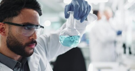 Poster - Man, beaker and chemical shake in lab, scientist and experimental chemistry for research. Formulation, cure innovation and reaction observation, medical gloves and breakthrough study for career