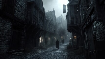 Poster - A dark medieval street lined with crooked wooden houses, cobblestone roads, and shadowy figures moving through the mist as a distant bell tolls in the night