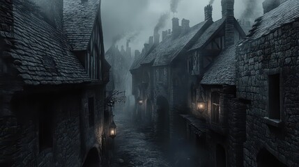 Poster - A dark medieval village with stone houses, crooked chimneys, and eerie mist creeping along the streets as flickering lanterns light the narrow alleyways