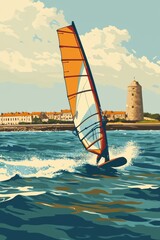 Poster illustration of a windsurfer off the coast of la rochelle with the old towers of the harbor visible in the background