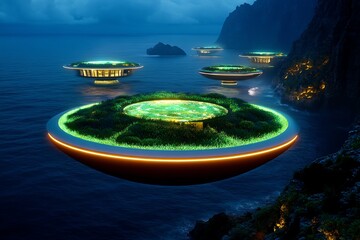 Poster - Futuristic undersea city, surrounded by glowing algae and advanced technology, deep in the ocean