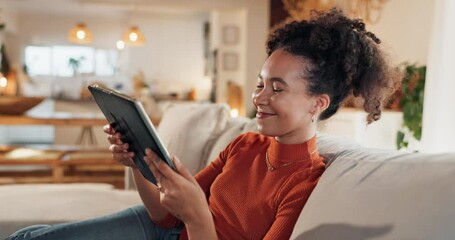 Wall Mural - Smile, message and woman with tablet on sofa for dating app, platform and online communication. Female person, happy and typing with tech at home for profile match, response and digital conversation