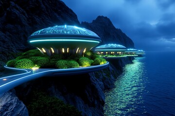 Poster - Futuristic undersea city, surrounded by glowing algae and advanced technology, deep in the ocean