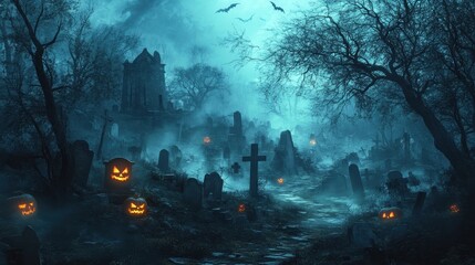 Canvas Print - A haunted graveyard with overgrown tombstones, dead trees, and glowing jack-o-lanterns lighting the foggy path as ghostly figures float among the shadows