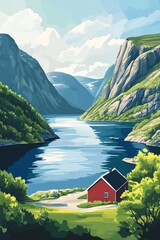 Poster illustration of the fjords of Norway surrounded by steep green cliffs and a tiny red house on the shore