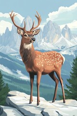 Vintage illustration of a deer on a mountain landscape, Italy, Dolomit