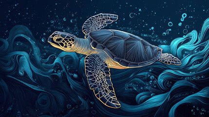 Sea Turtle Swimming in Blue and Green Water with Stars