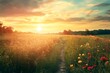 © atar - Golden Hour Sunset Over Lush Green Meadow with Path